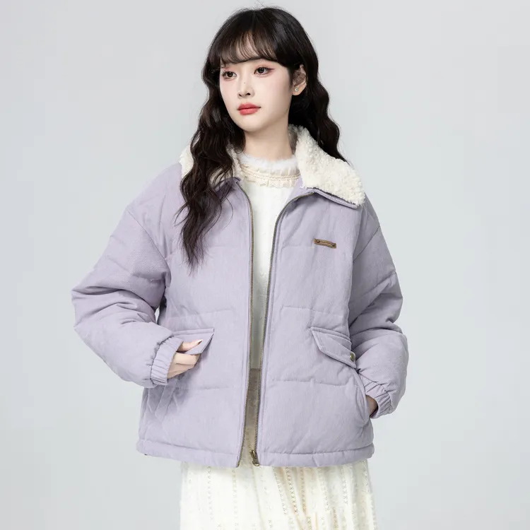 紫色羊羔毛领拼接棉服女冬2025冬季新款加厚保暖棉衣拉链开衫上衣