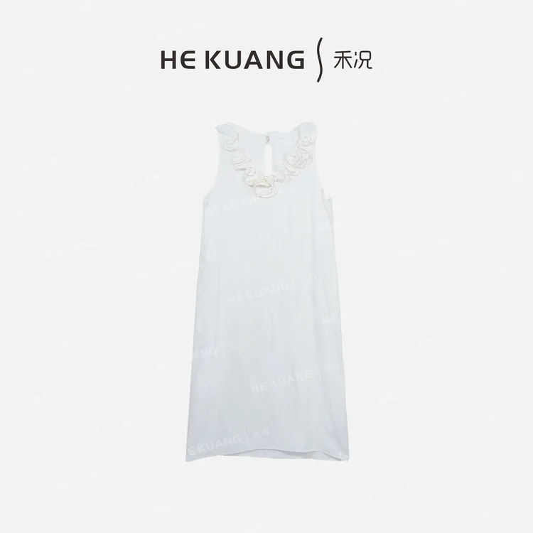 禾况HEKUANG【蔷薇】亚麻夏季法式连衣裙蕾丝无袖时尚礼服L652 0238