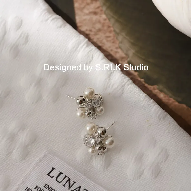 合金耳饰 十里间【银色珍珠花~有耳夹】甜美小清新耳钉百搭耳环