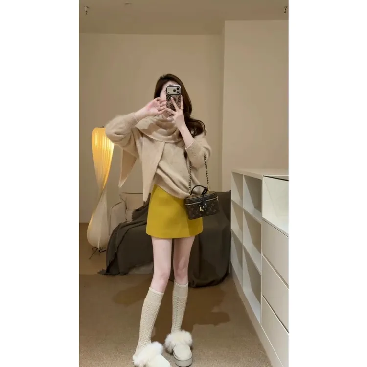 韩版温柔设计感软糯V领百搭针织毛衣秋冬高腰气质纯色显瘦短裙女