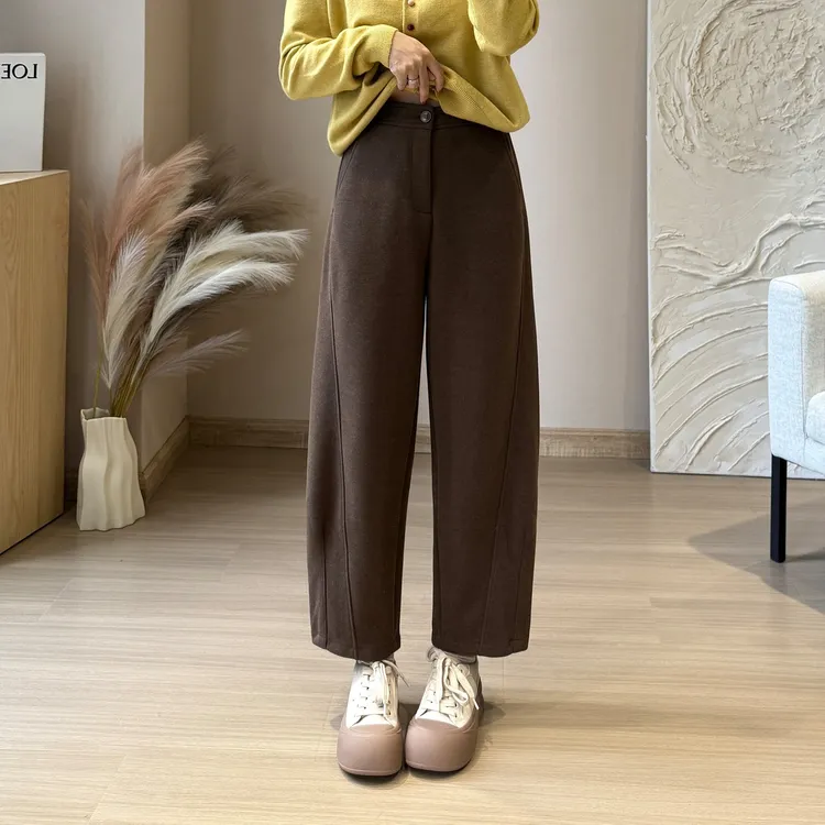 小个子秋冬加厚咖色直筒气球裤女醋酸高腰奶奶裤显瘦加绒毛呢裤xs