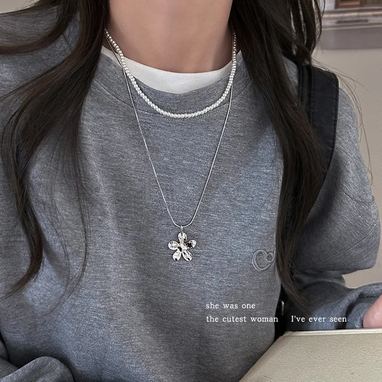 合金项链 韩国时尚叠戴银色花朵项链女可调节抽拉锁骨链颈链配饰