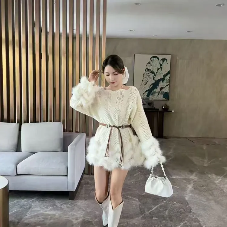 纯欲辣妹毛绒拼接长袖针织毛衣女2025早秋新高级感宽松中长款上衣