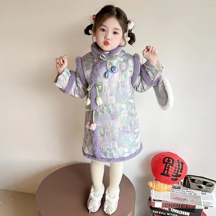 女童加绒加厚旗袍裙冬装加棉年服2025新款儿童新中式国风拜年服潮