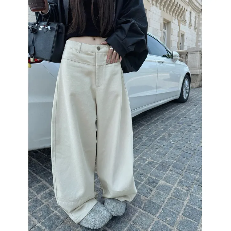 秋冬加绒加厚欧货高级感高腰小众女复古直筒牛仔裤休闲裤