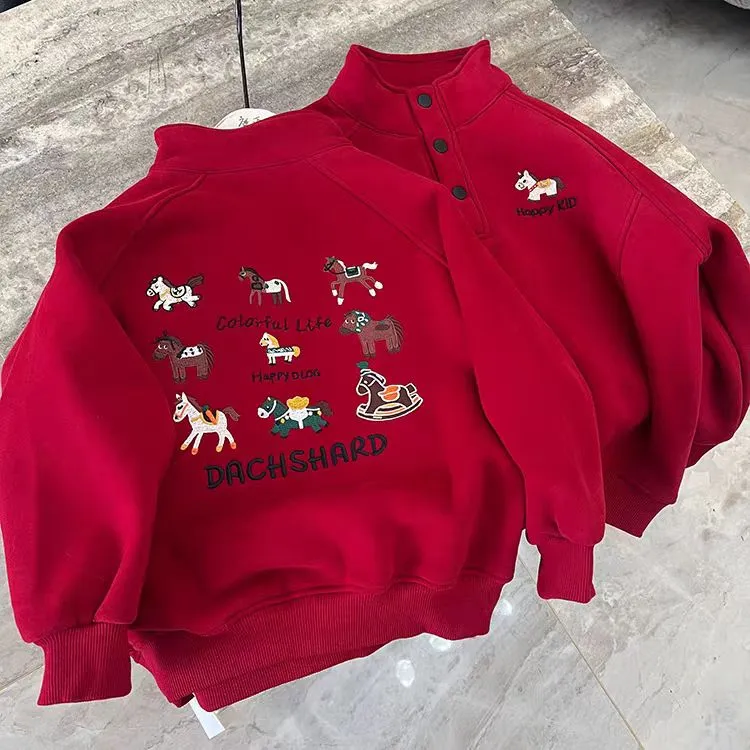 【刺绣polo年款卫衣】新年款中大童爆款加绒摁扣卫衣9772