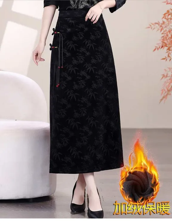 （小曼推荐）3587#新款时尚复古加绒提花丝绒半身裙