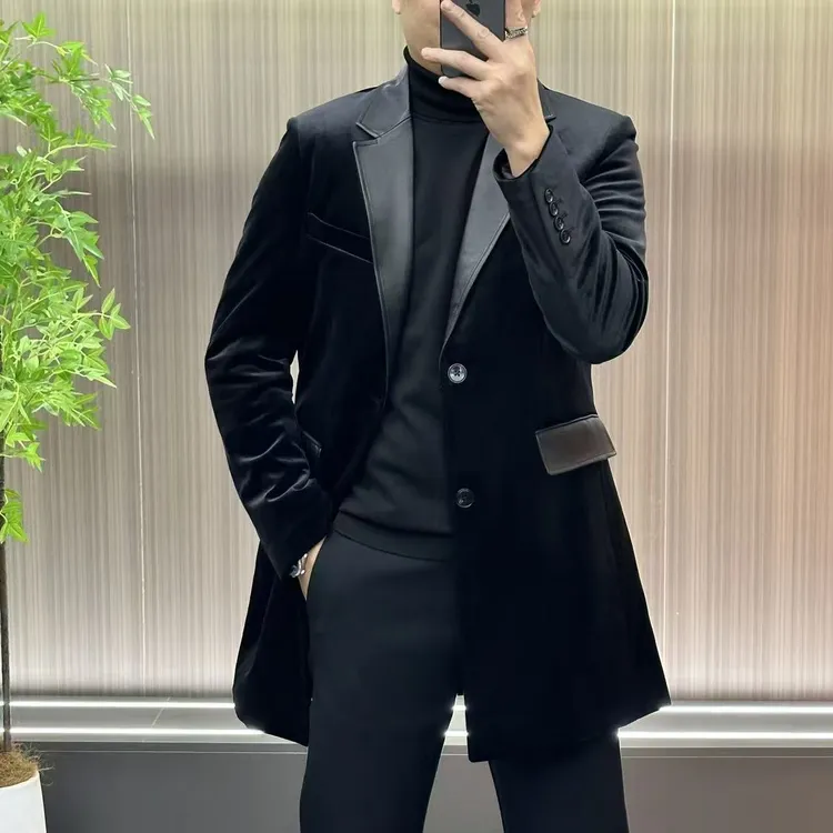 6839｜设计师款中长款皮领丝绒羽绒风衣男士中长款羽绒风衣单开叉