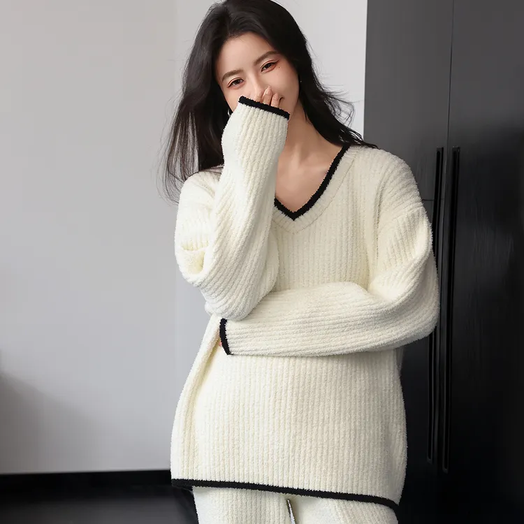 女冬可外穿睡衣加厚套装秋冬季青年条纹家居服套装半边绒
