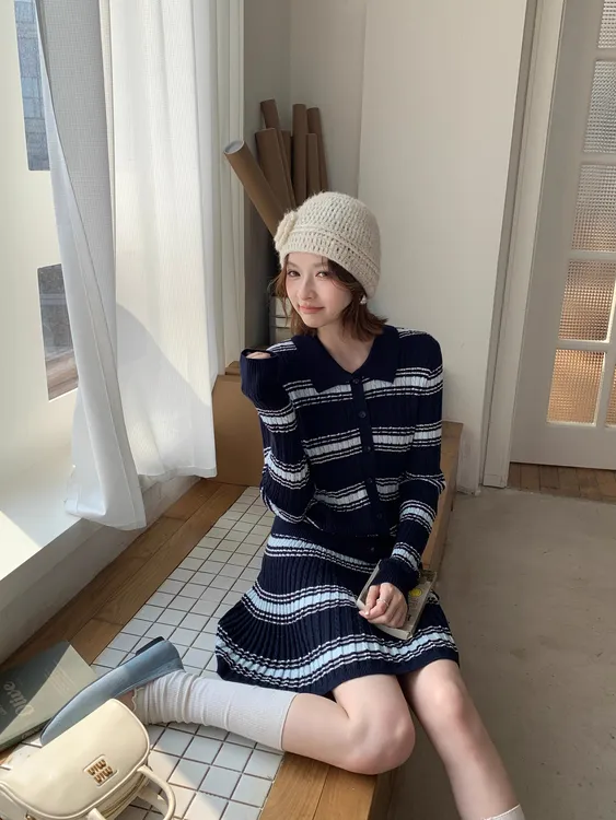 韩系条纹时尚套装简约风Polo领撞色针织衫老钱风网红洋气炸街女装