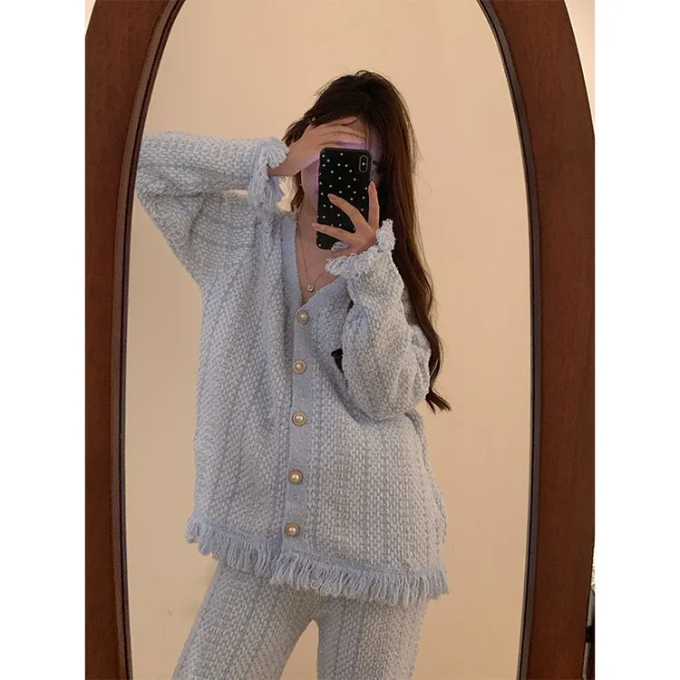 洋气V领慵懒风宽松半边绒睡衣女冬季保暖加厚可外穿家居服两件套