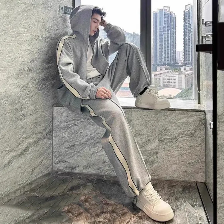 秋季开衫连帽男士休闲套装高级感时尚潮牌侧条纹运动卫裤两件套