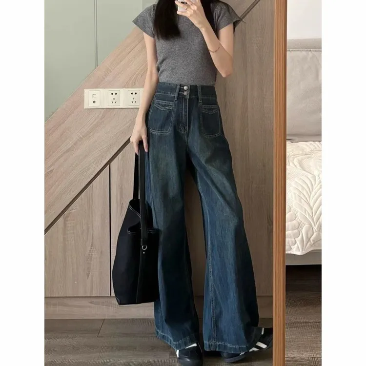 复古阔腿牛仔裤春秋款女胖妹妹遮胯显瘦裤子梨形身材慵懒感拖地裤