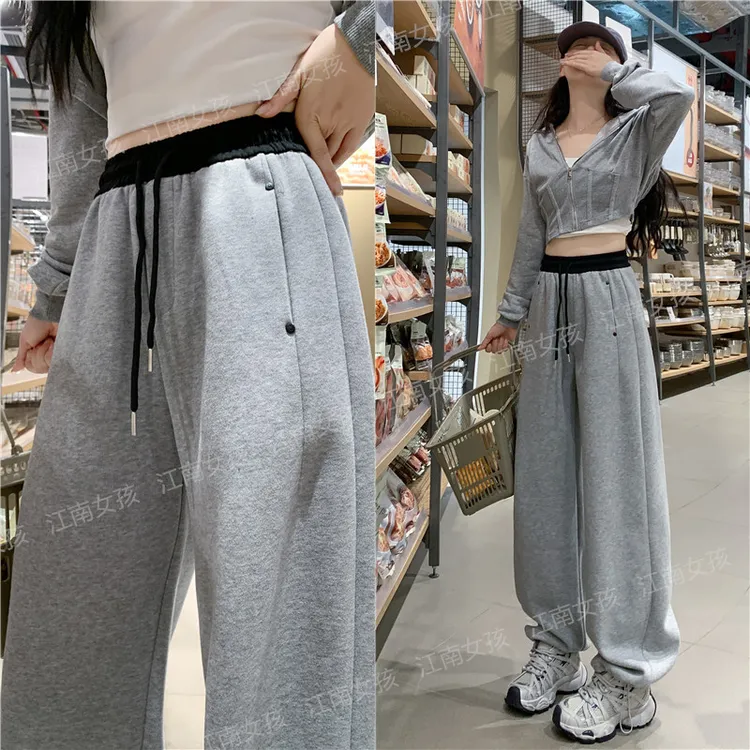 铆钉卫裤~巨好穿！可束脚灰色运动裤秋冬高腰宽松小个子休闲弯刀裤