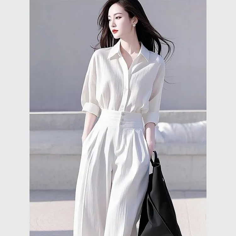 2025早春穿搭一整套大方得体上班通勤风衬衫阔腿裤子套装欧若风
