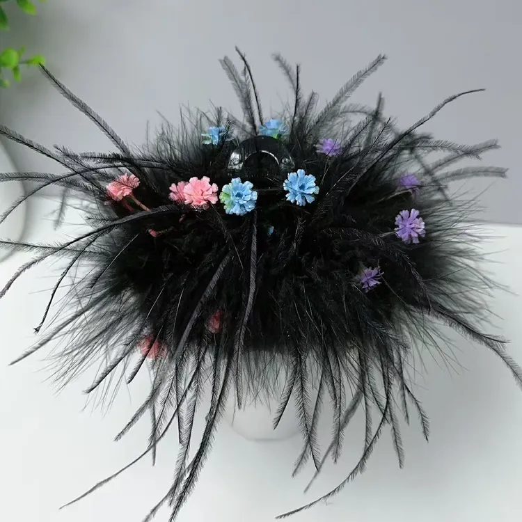 2025秋冬新款满天星羽毛抓夹高级感鸵鸟毛后脑勺盘发夹子发饰