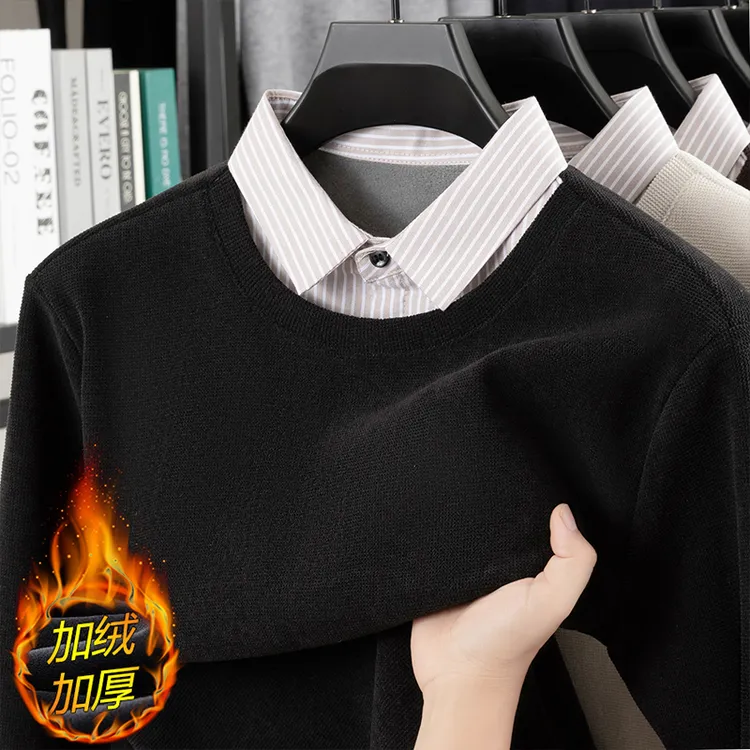 【雪糕奥利绒】【加绒加厚】冬季新款男士圆领假两件毛衣长袖上衣保暖