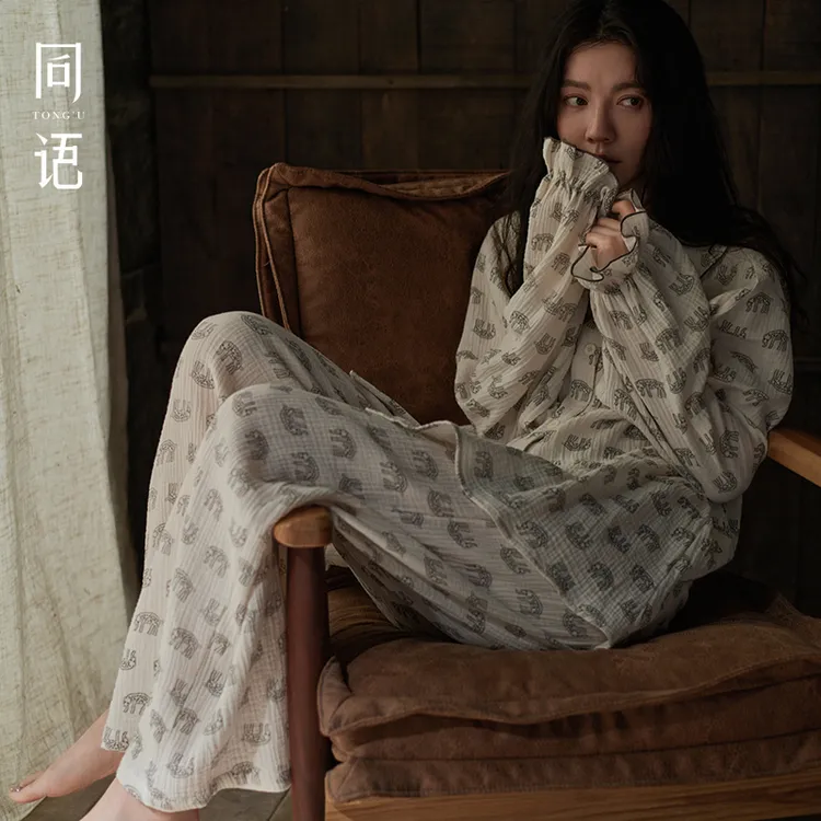 同语春秋季睡衣女款梭织纯棉睡衣100全棉长袖套装卡通可爱家居服