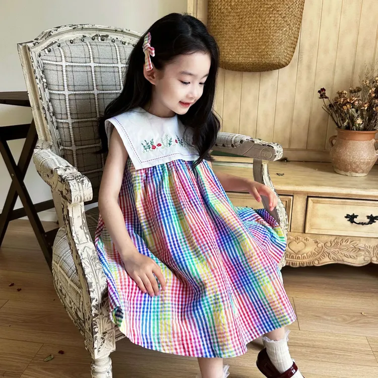 女童连衣裙夏季新款甜美彩虹格翻领无袖背心裙中小童女宝裙子韩系