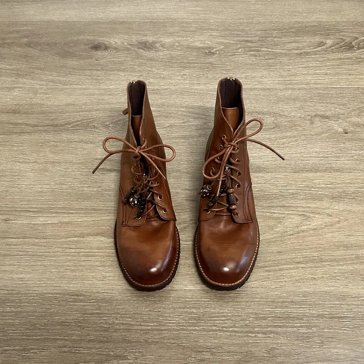 Dannyfrey头层水洗牛皮新款复古民族风手工串珠系带女马丁靴3.5CM