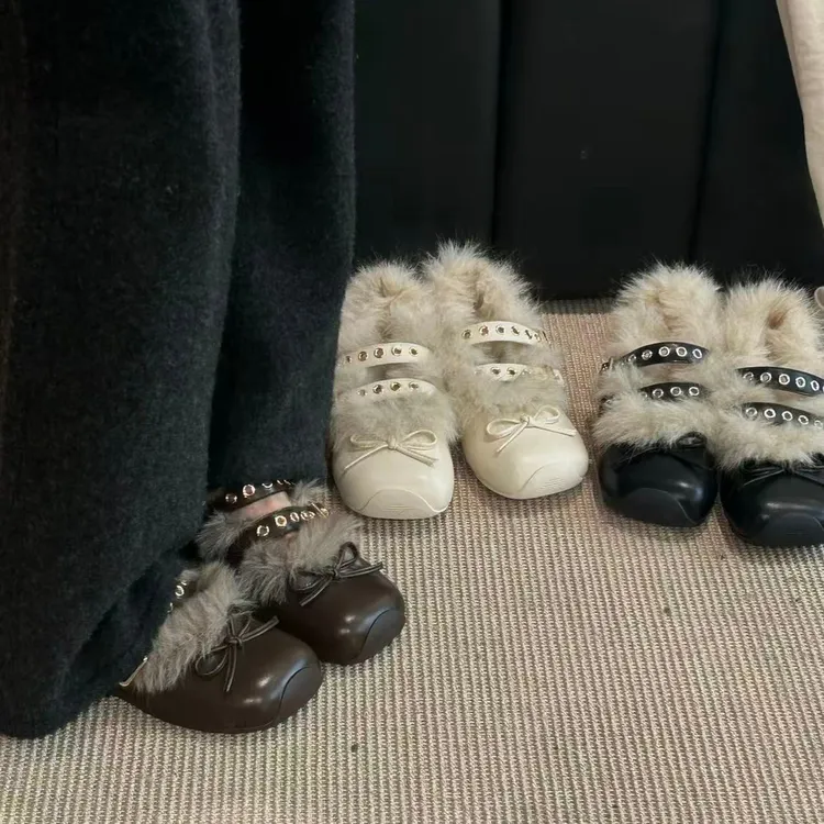 女鞋莎黛尔2025冬季新款毛毛鞋扣带装饰浅口平底韩版玛丽珍