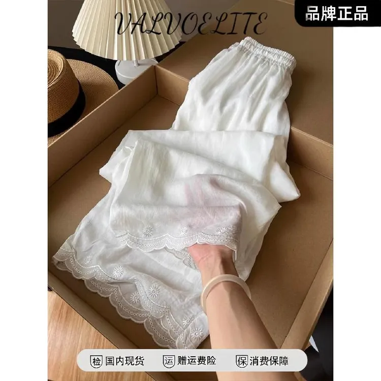 高级花边拼接直筒亚麻裤子女款夏气质老钱风显瘦休闲白色阔腿裤
