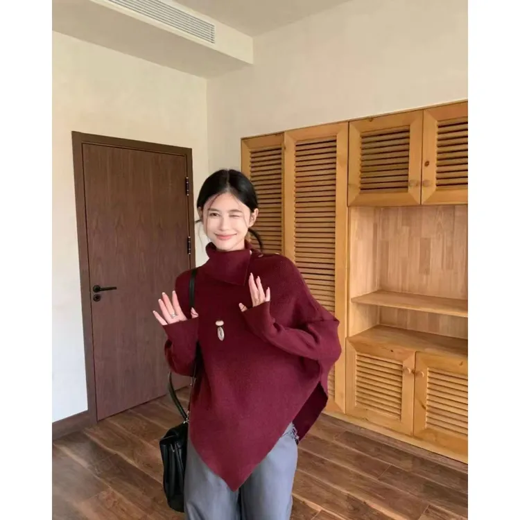 不规则气质新款设计感不规则高领针织衫上衣复古日系慵懒风I1-81