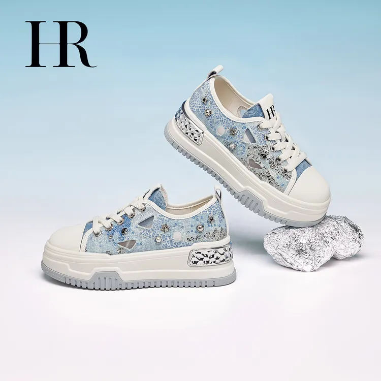 HR/赫莲娜女鞋2025初秋新款破铜牛仔帆布鞋厚底小众休闲板鞋透气