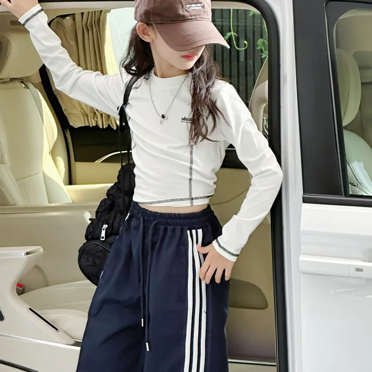 女童秋季长袖T恤2025秋季洋气女童纯色打底衫百搭贴身T恤58092