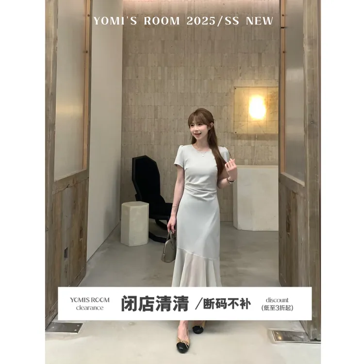 【现货】YOMI小个子【艺术新贵】浅绿拼接法式气质收腰显瘦显白连衣裙