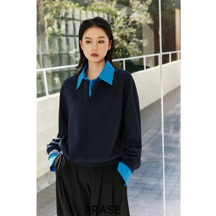 PRASE·噜【双层物语】微胖轻奢设计款秋女假两件衬衫领卫衣PR508C62