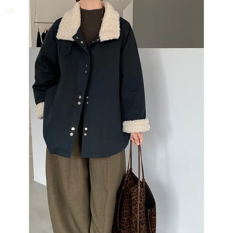 韩版工装风廓形羽绒外套女冬季羊羔毛拼接中长款棉服