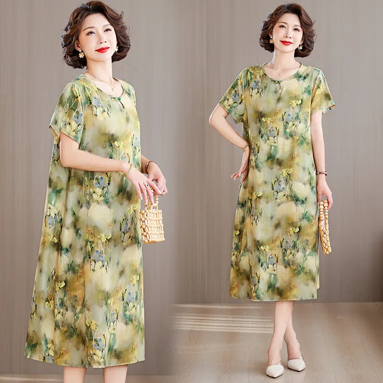 过膝印花洋气中老年连衣裙妈妈遮肚显瘦连衣裙夏时尚洋气大码裙子