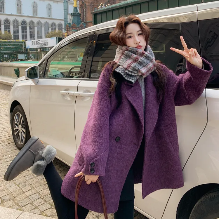 蓝莓紫苏利绒长毛双面羊绒大衣女冬2025新款韩系气质设计感呢外套
