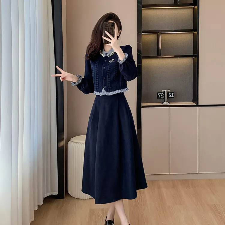 长袖连衣裙女2025新款早秋季韩系高级感毛衣半身裙时尚搭配两件套