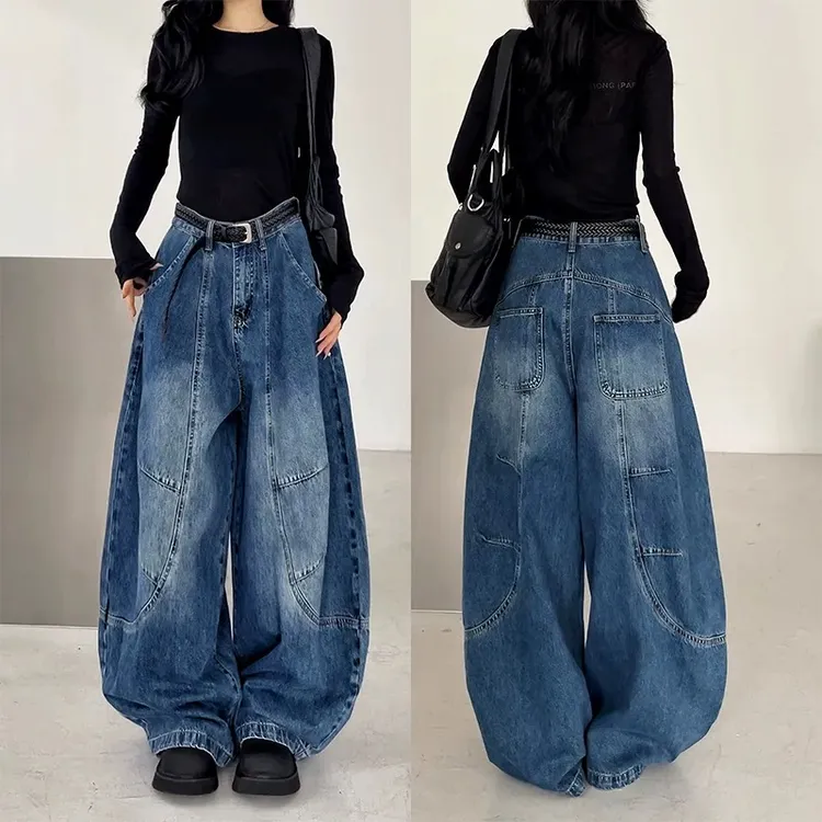 美式高街复古水洗弯刀牛仔裤女2025新款宽松显瘦阔腿老爹工装裤子