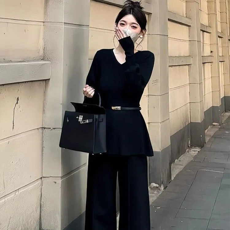 秋冬法式赫本风v领灯笼袖收腰显瘦针织衫女上衣