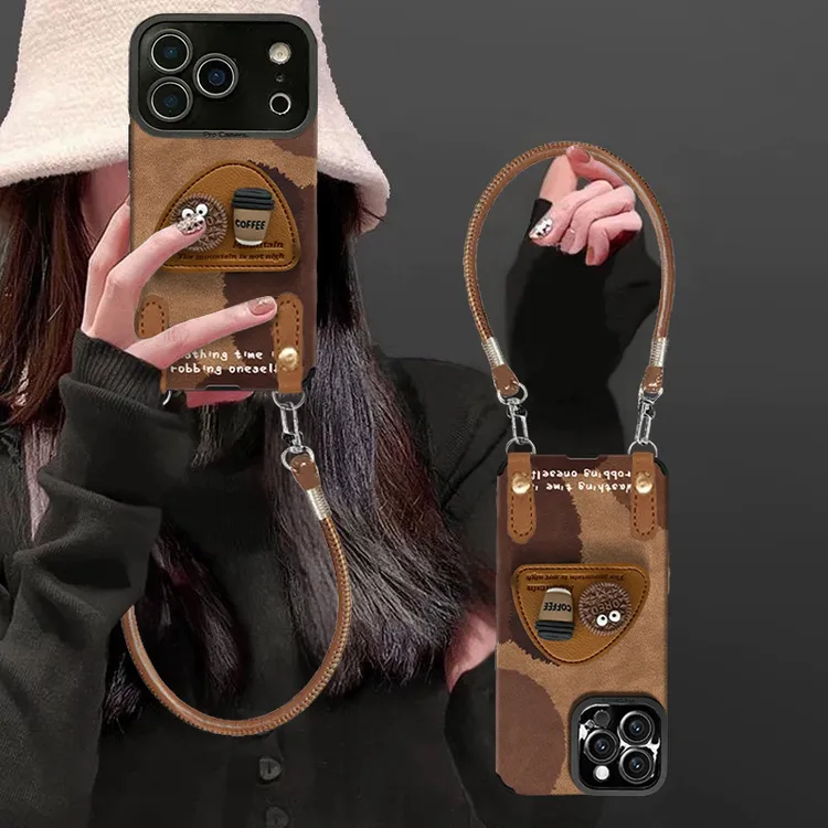 皮质煤球咖啡适用苹果17promax手机壳皮iPhone16保护套15pm带支架