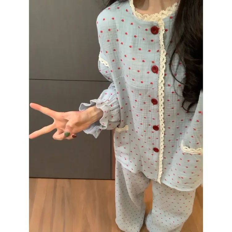 韩版甜美波点今年爆款网红睡衣女款早秋韩系氛围感穿搭家居服套装