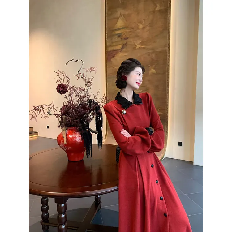 现货 一生罗曼【假日喜悦】法式复古气质秋冬连衣裙高级感长裙L1489