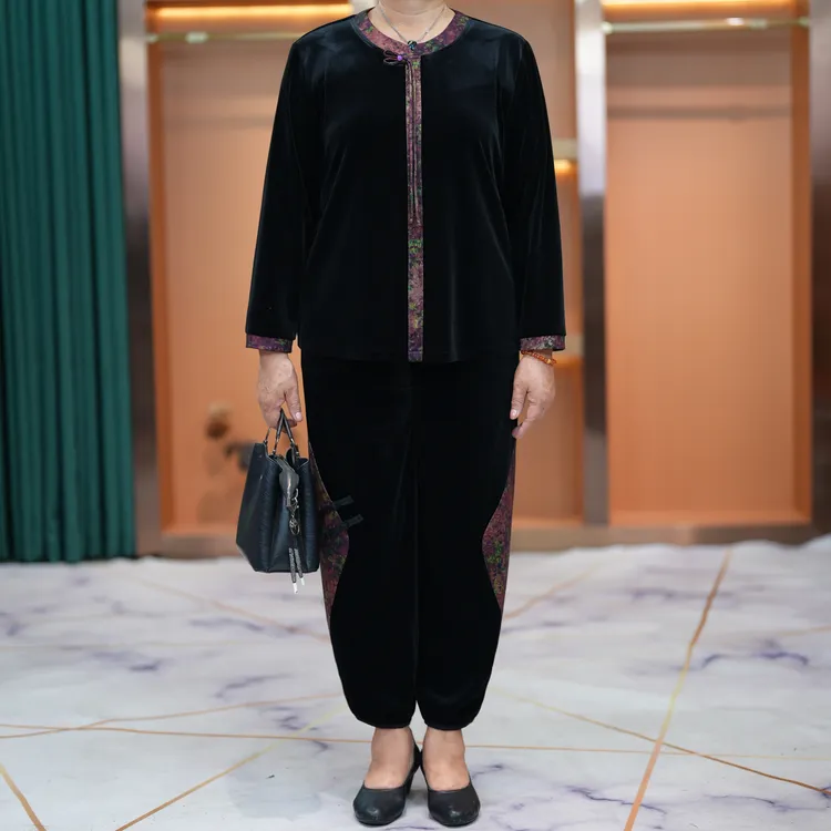 大码胖妈妈装加肥加大金丝绒套装2025秋中老年洋气拼接萝卜裤套装