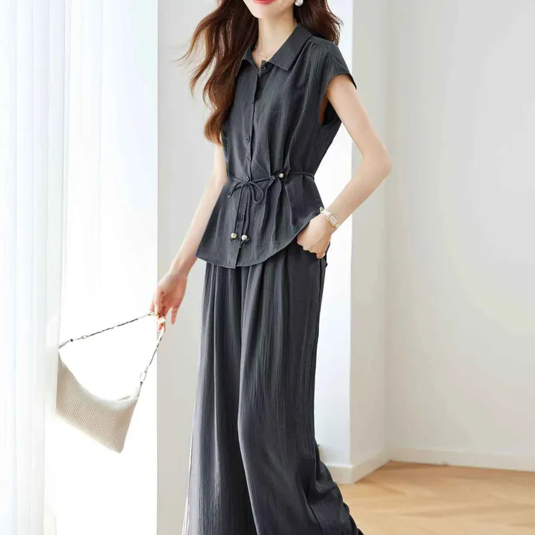 小香风套装女2025夏新款巨好看的松弛感职业休闲衬衫阔腿裤两件套