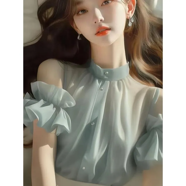 今年流行漂亮小衫高级感小众设计感洋气绿色露肩雪纺衬衫上衣女潮