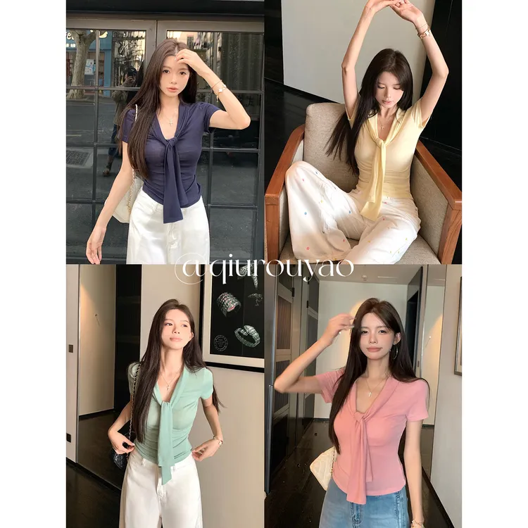 【QIUROUYAO邱肉瑶】多巴胺的英伦腔调*层次系带彩色T恤套装