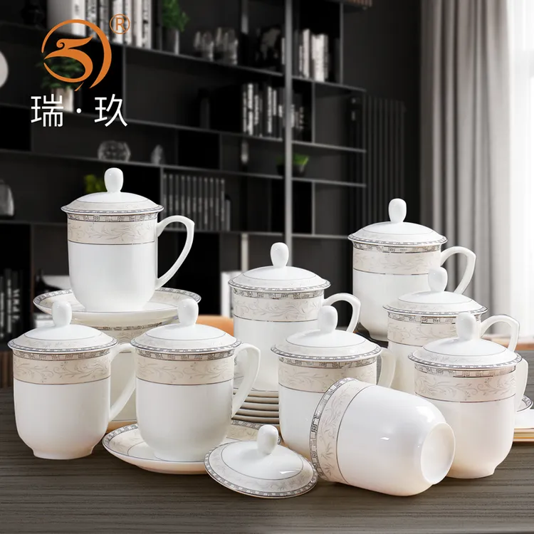 中式办公杯茶杯带盖水杯家用骨瓷办公室专用会议杯定制礼品杯子