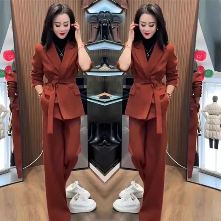 大码女装新款秋季职业西服套装女御姐范系带西装直筒裤显瘦两件套