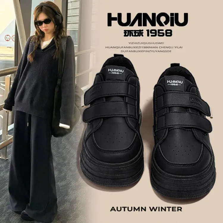 环球厚底黑色鞋魔术贴2024新款爆款百搭女鞋高颜值校园风休闲板鞋