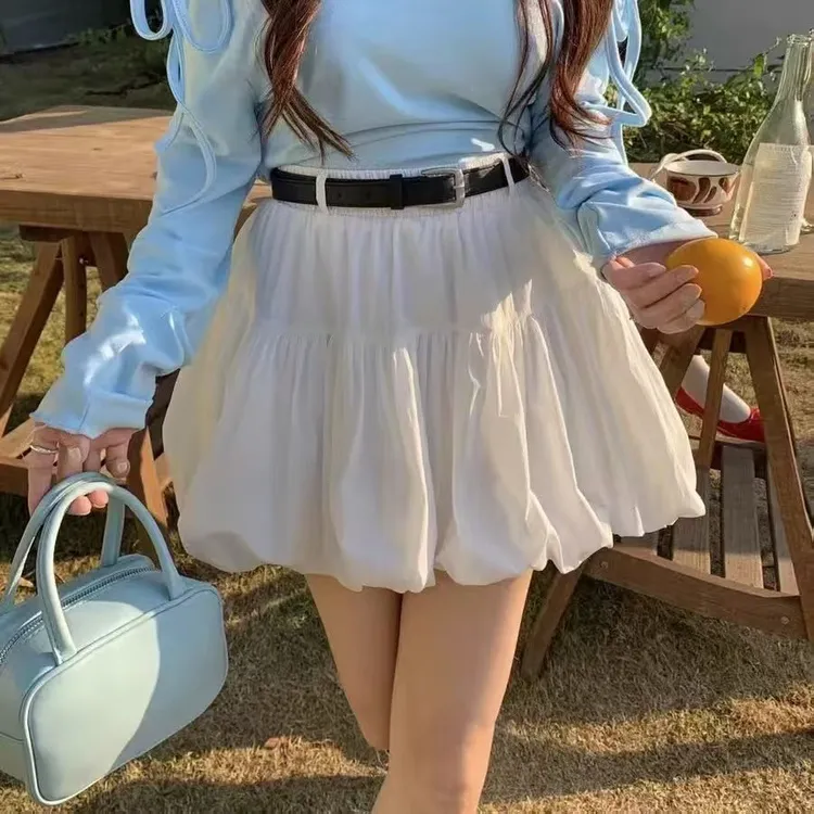 配皮带高腰显瘦防走光黑色花苞裙春夏新款韩版百搭a字短裙