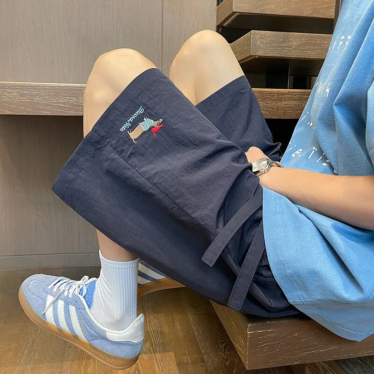 腊肠狗刺绣休闲短裤男夏季潮牌凉感速干裤宽松直筒沙滩度假五分裤