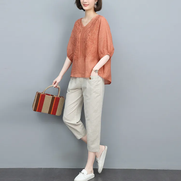 772 新款苎麻时尚套装女夏季女装高端休闲裤两件套妈妈夏装麻料